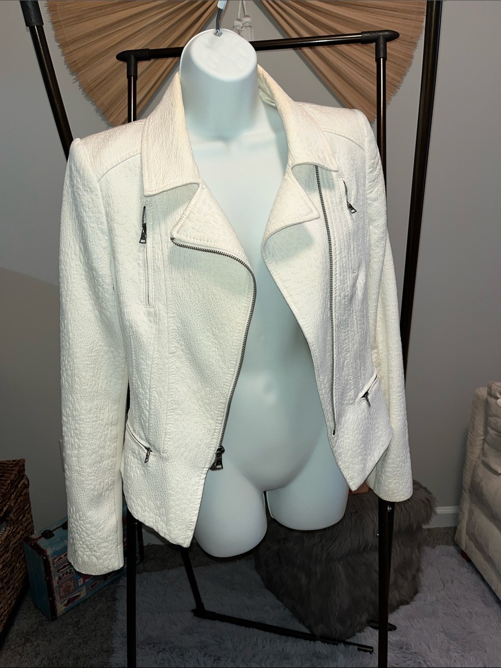 BCBGMaxAzria White Textured Moto Jacket
